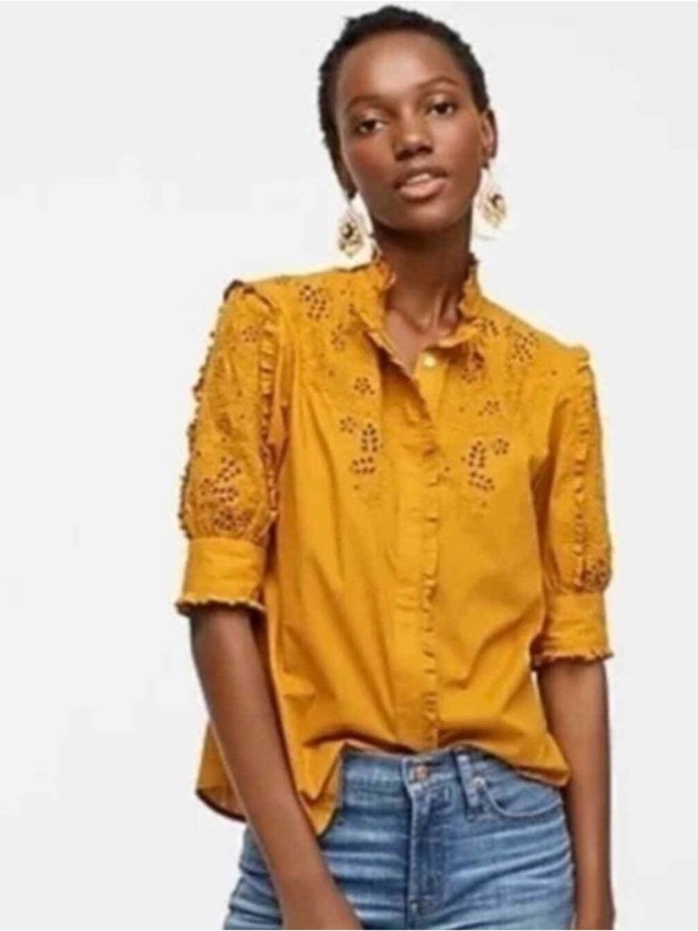 J Crew Puff Sleeve Peasant Top Embroidered Eyelet Yellow Size XL Blouse